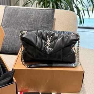 Luxurious Black Leather Shoulder Bag with Gold Chain
